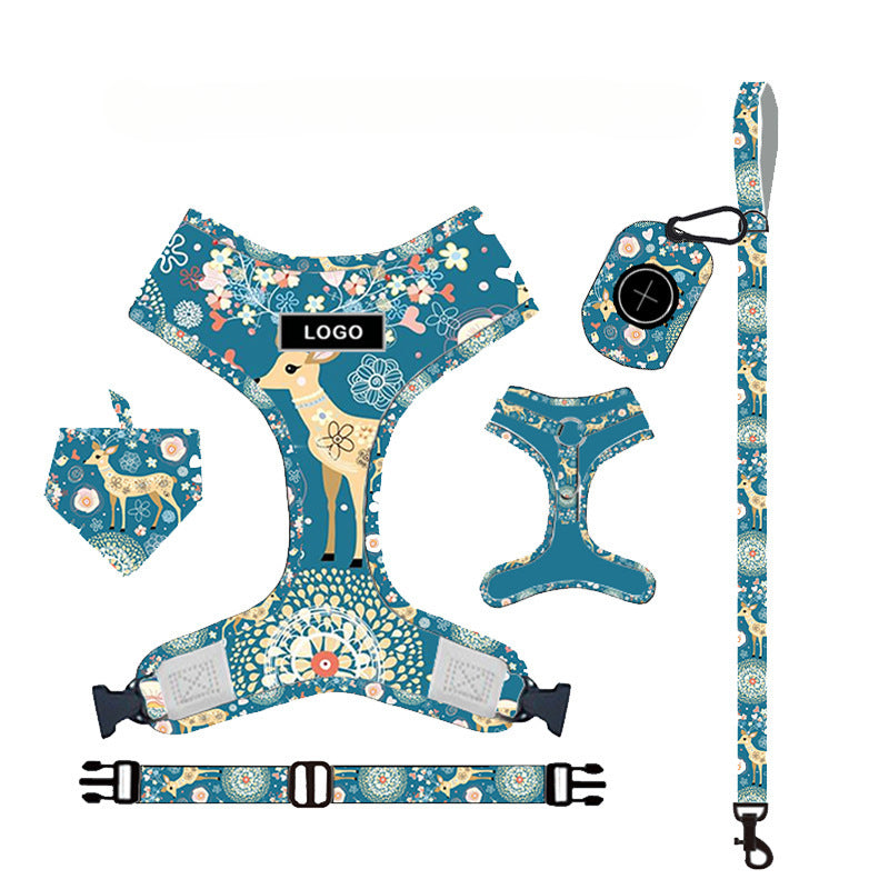 Customizable Pet Harnesses Set: harness、collar、leash、poop bag holder、bowtie、bandana