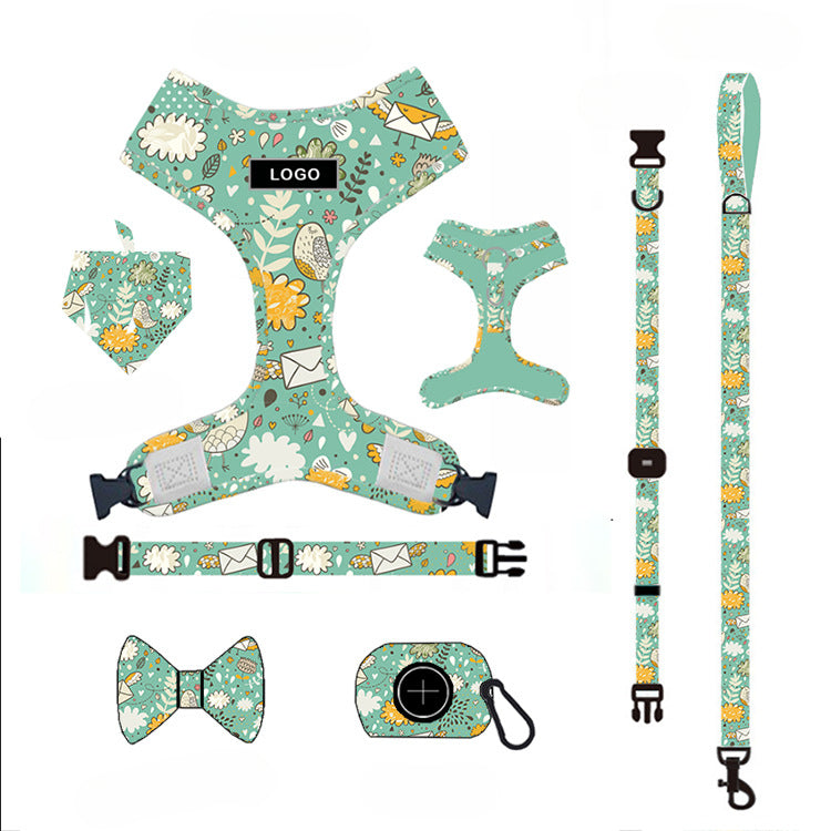 Customizable Pet Harnesses Set: harness、collar、leash、poop bag holder、bowtie、bandana
