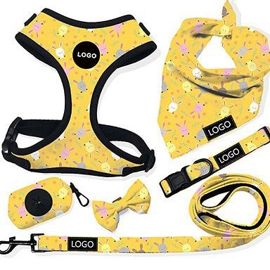 Customizable Pet Harnesses Set: harness、collar、leash、poop bag holder、bowtie、bandana