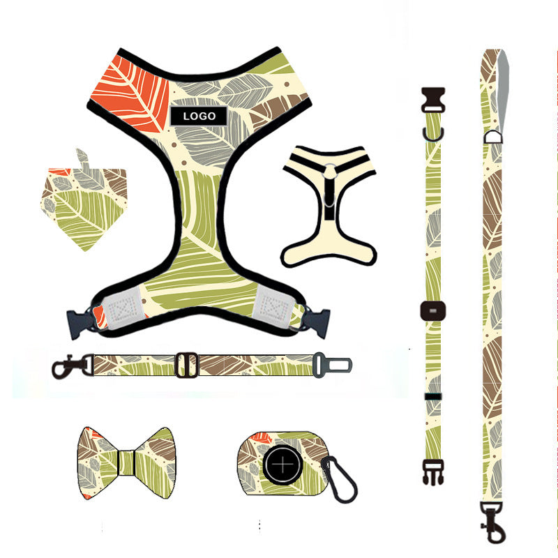 Customizable Pet Harnesses Set: harness、collar、leash、poop bag holder、bowtie、bandana