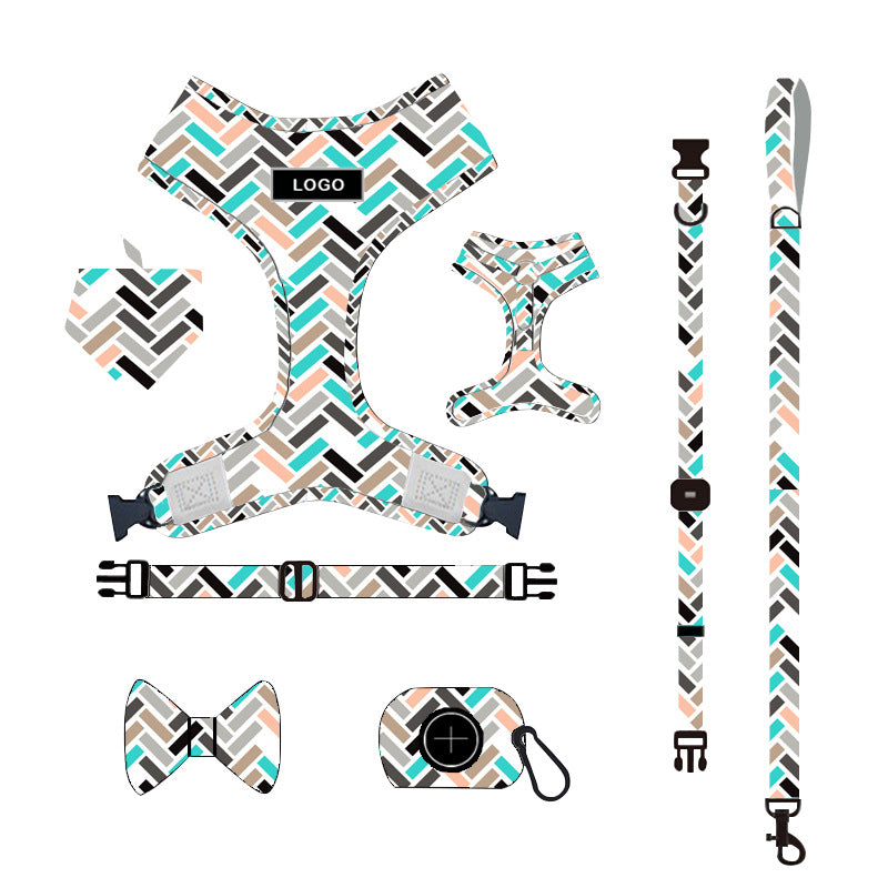 Customizable Pet Harnesses Set: harness、collar、leash、poop bag holder、bowtie、bandana